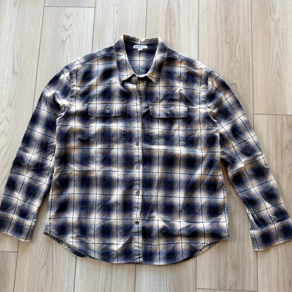 James Perse Plaid Flannel Shirt Womens Size 3 Large Navy Tan Button Up Top